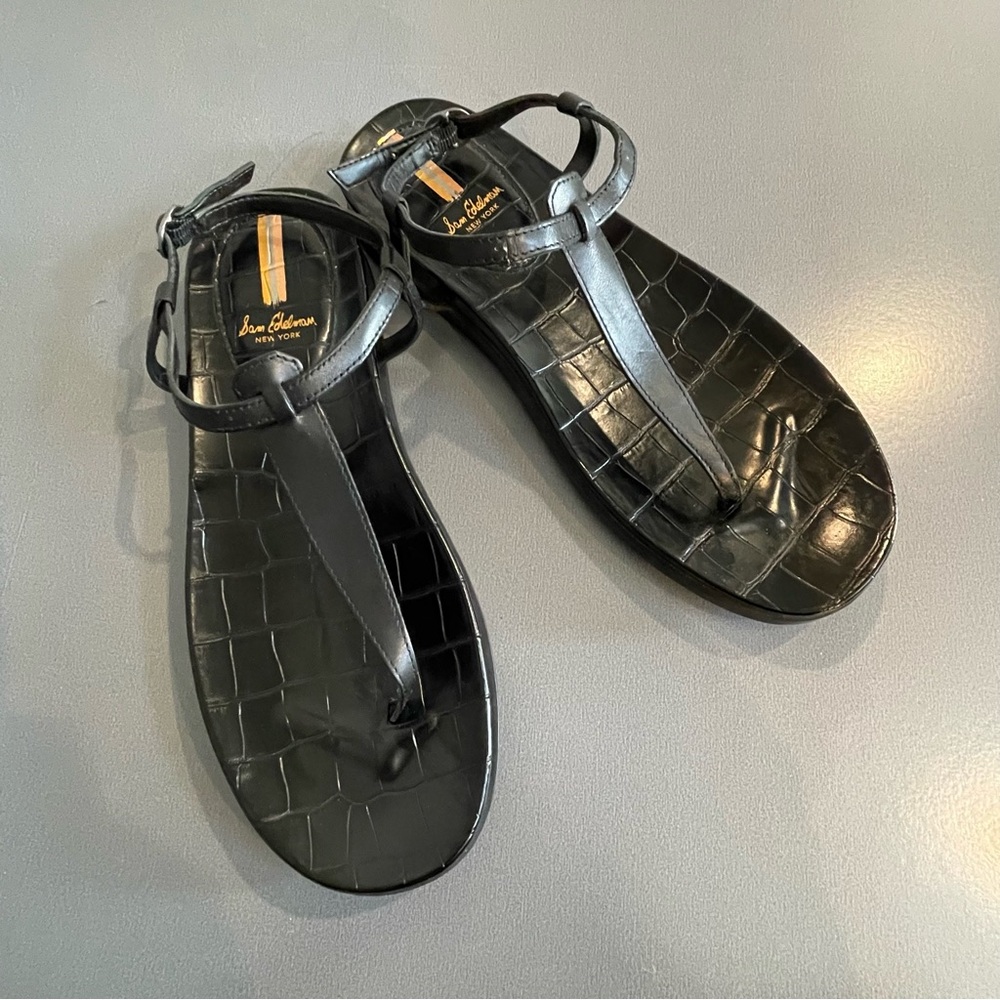 Sam Edelman Black Croc-Embossed T-Strap Sandals